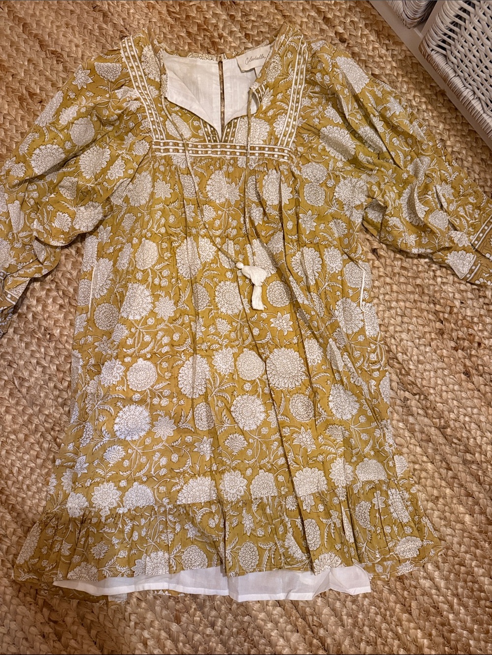 Cleobella Mustard Yellow Floral Tassel Mini Dress